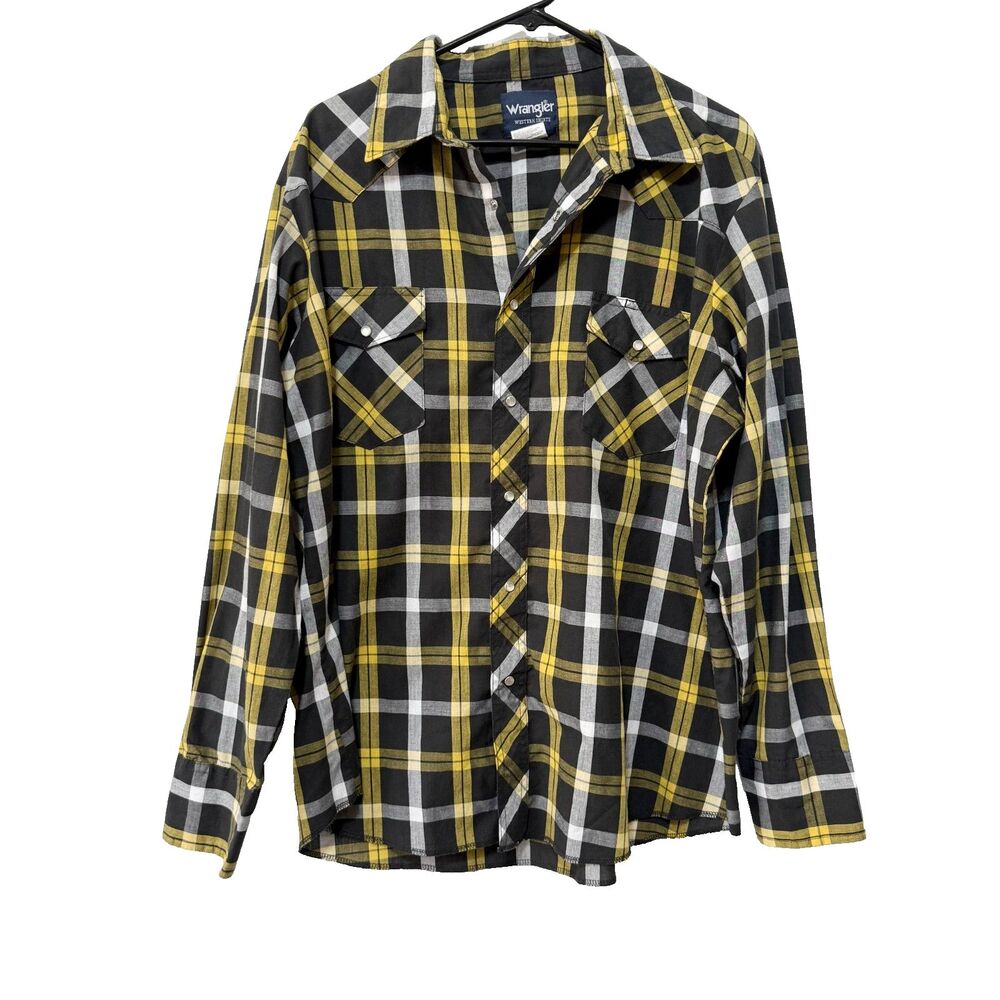 Wrangler Western Shirt Mens XL Black Yellow Plaid Pearl Snap Long Sleeve Rodeo